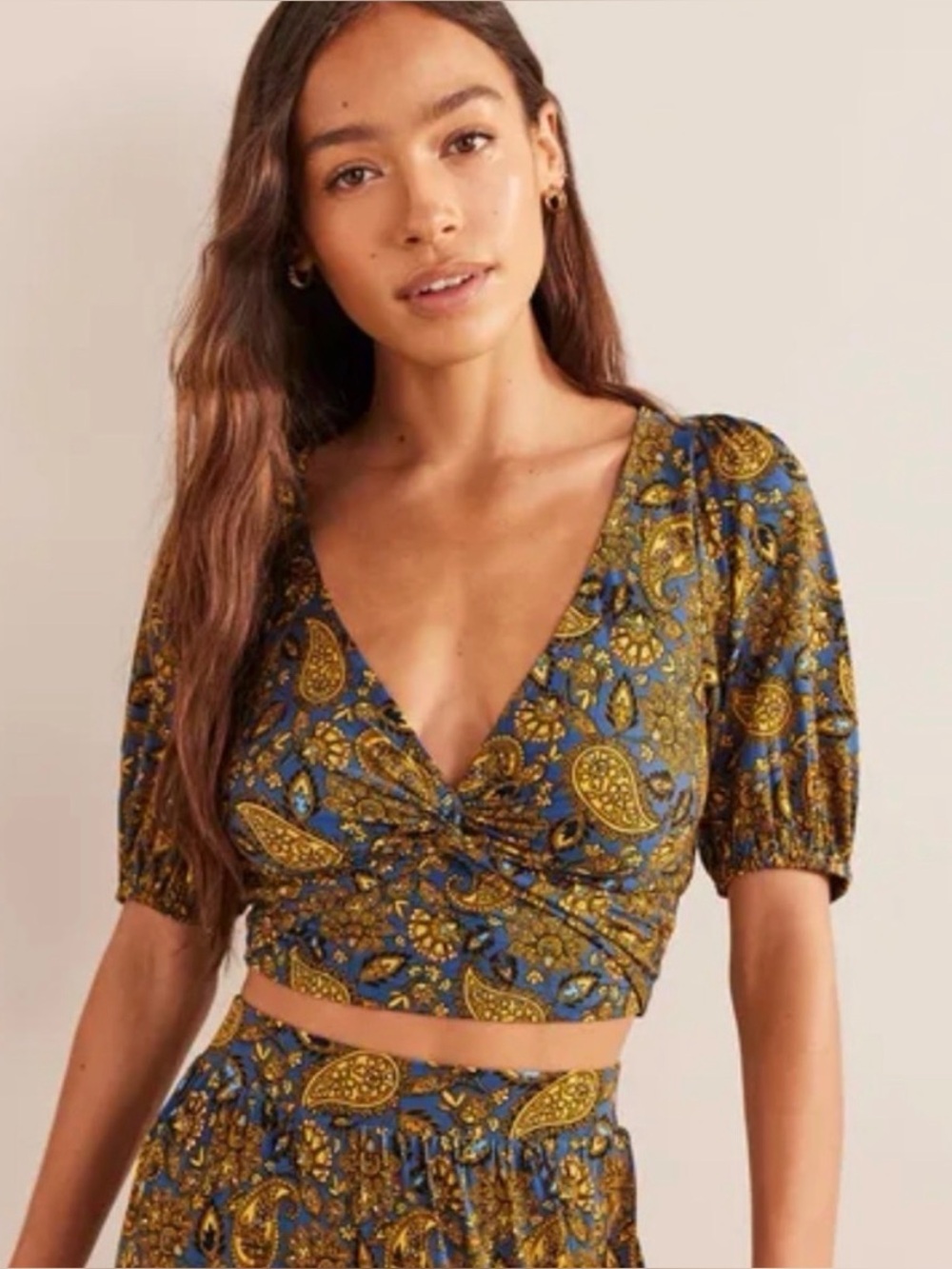 Boden Blue and Gold Paisley Wrap V-Neck Blouse